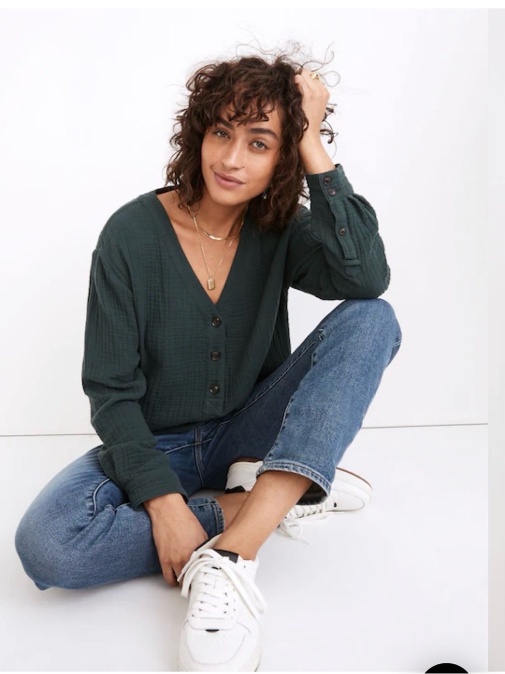 Madewell Lightspun Evert Top Midnight Green Long Sleeve Popover Relaxed